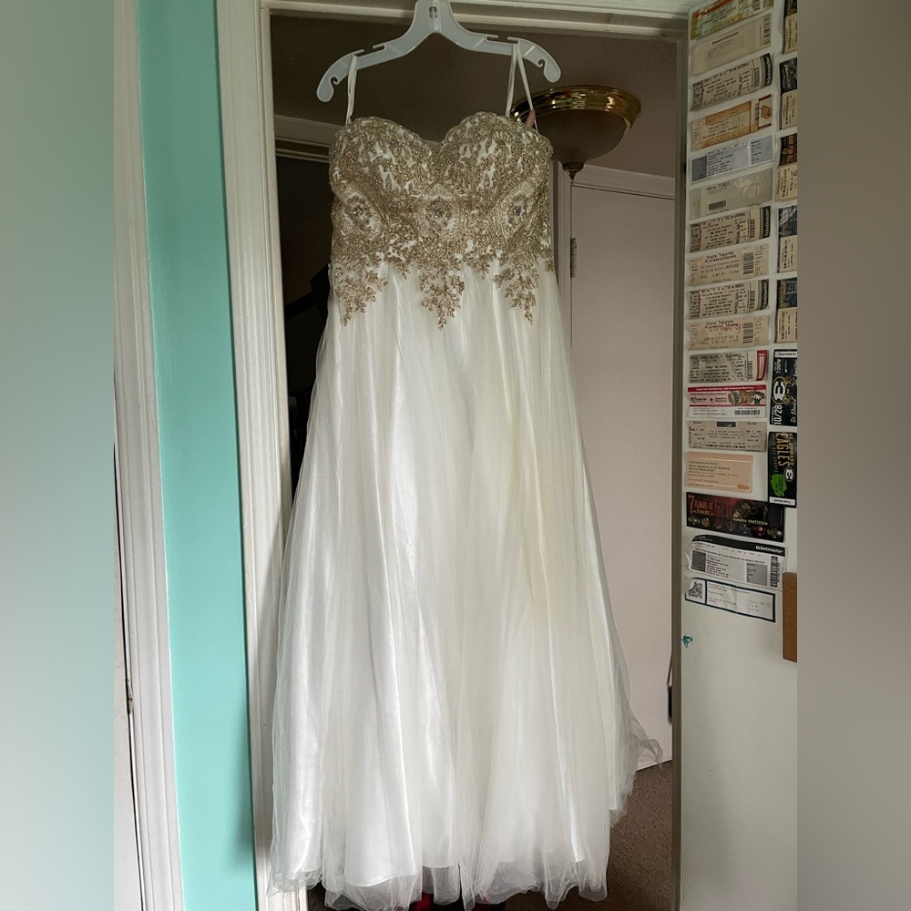 Ivory Tulle Strapless Gown with Gold Embellished Bodice